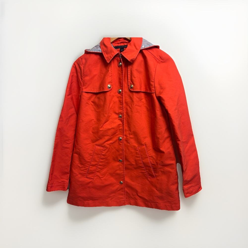 Tommy Hilfiger Women’s Red Hooded Classic Rain Jacket Coat Size M Snap Front